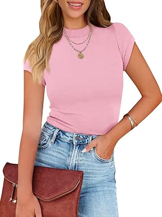 MEROKEETY Women's Short Sleeve Crewneck Ribbed Knit Tops Summer Casual Slim Fit Basic Tee Shirts