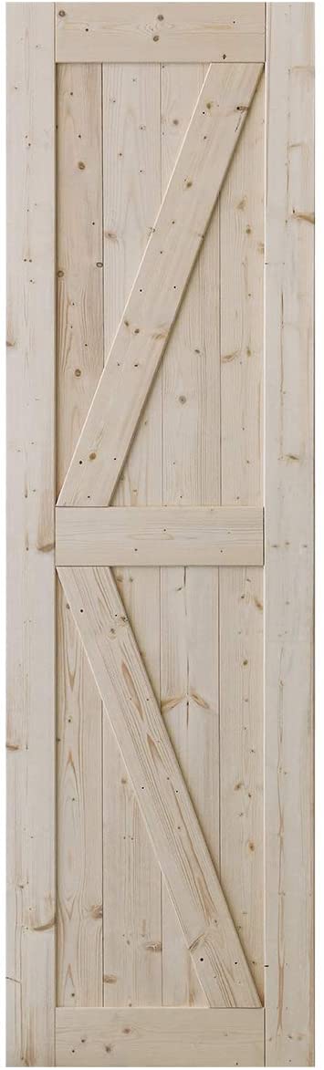 SmartStandard 24in x 84in Sliding Barn Wood Door Pre-Drilled Ready to Assemble, DIY Unfinished Solid Spruce Wood Panelled Slab, Interior Single Door Only, Natural, K-Frame (Fit 4FT Rail)