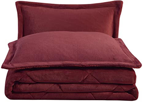 Chezmoi Collection 3-Piece Super Soft Micromink Sherpa Solid Reversible Down Alternative Comforter Set (Queen, Burgundy)