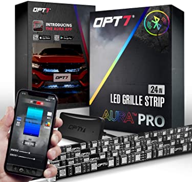 OPT7 Aura PRO Bluetooth 4pc LED Lighting Kit for Grille | 24" Multi-Color Strips w/SoundSync - Waterproof Peel'n'Stick Front Grill Valence - App Enabled- iOS & Android