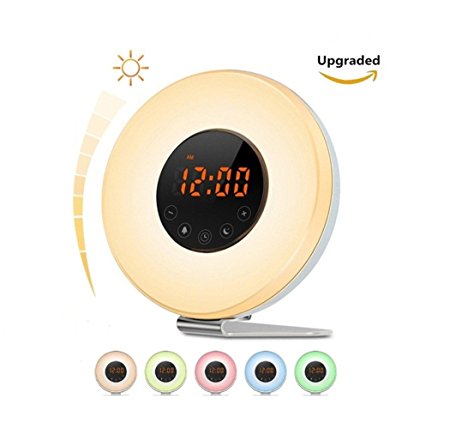 Sunrise Alarm Clock Wake Up Light, [2017 Upgraded] Sunrise Sunset Simulator Digital Clock with 6 Nature Sounds 7 Color Night Light FM Radio & Snooze Touch Control