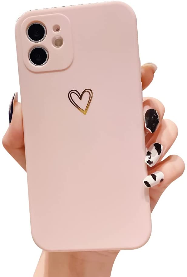 Ownest Compatible with iPhone 11 Case for Soft Liquid Silicone Gold Heart Pattern Slim Protective Shockproof Case for Women Girls for iPhone 11-Pink