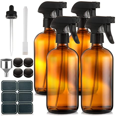 Empty Amber Glass Spray Bottles - (4 Pack) 16 oz with Labels Refillable Container for Essential Oils, Cleaning Solutions, Cleaning Products, Hair, Plant Mister, Daily Shower, Gardening or Aromatherapy