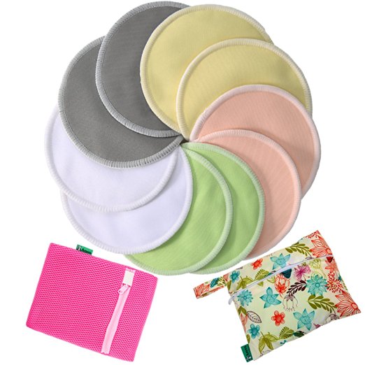 Bamboo Nursing Pads 4.7in (12cm) 10 Pack With Laundry Bag and Wet Bag,Ultra Soft & Absorbent, Reusable & Washable, Hypoallergenic & Breathable, Eco-Friendly Breastfeeding Pads