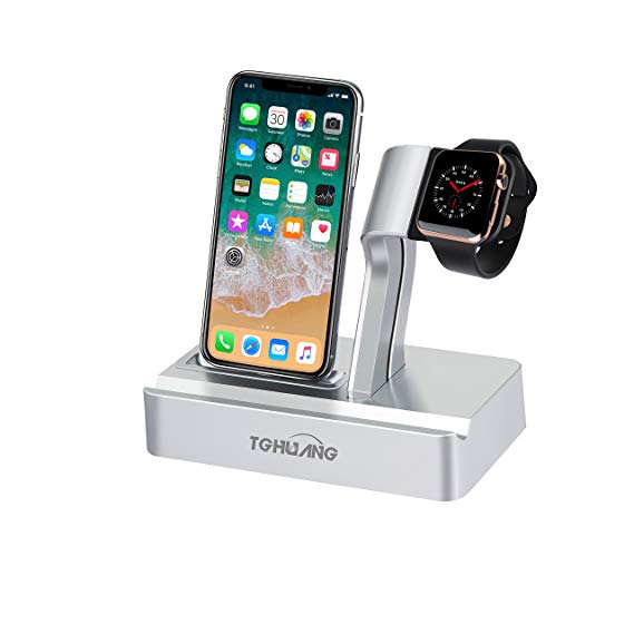 TGHUANG 2 in 1 Charger Stand for Apple Watch Wireless Charging Dock for iPhone Station Holder 10W Fast Charger (Silver)