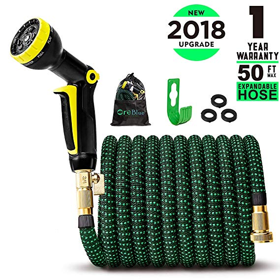 Greblue 50 ft Garden Hose,Lightweight Expandable Water Hose with 3/4 inch Soild Brass Fittings,Durable Outdoor Gardening Flexible Hose for Yard, 50’ Expanding Garden Hoses 9 Function Spray Nozzle