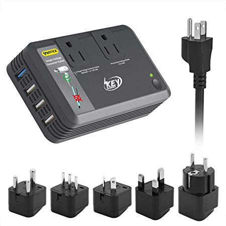 Key Power Step Down 220V to 110V Voltage Converter and International Travel Adapter, 100V to 240V Dual Voltage Power Strip, Quick Charge 3.0 USB - [Use for USA Appliance Overseas]