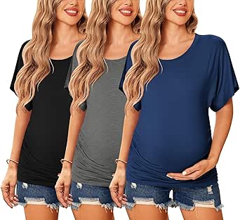 Ekouaer Maternity Shirts 3 Packs Dolman Sleeve Side Ruched Tops Tunic Casual Pregnancy Clothes