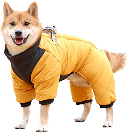 Rantow Small Medium Warm Dog Coat - Four-Legs Waterproof Windproof Reflective Winter Dog Jacket Cozy Snow Suit Padded Puppy Clothes for Small Medium Dogs Pet Apparel with Leash Hook (S, Yellow)