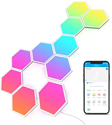 Govee Glide Hexa Light Panels, RGBIC Hexagon Lights, Wi-Fi Wall Lights, DIY Design, Music Sync, App Control, Works with Alexa & Google Assistant, for Gaming, Streaming, and Decor, 10 LED Panels