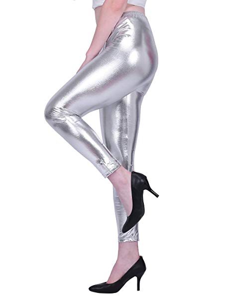 HDE Womens Shiny Metallic Leggings Liquid Wet Look Bottoms - Regular Plus Sizes