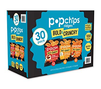 Popchips Ridges Potato Chips Variety Pack Single Serve 0.8 oz Bags (Pack of 30) 3 Flavors: 12 Tangy BBQ, 12 Cheddar & Sour Cream, 6 Buffalo Ranch