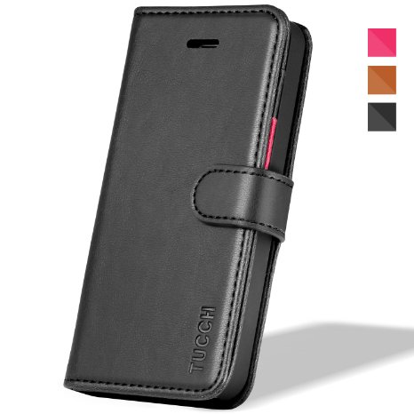 TUCCH Leather Flip Folio Wallet Case with Magnetic Closure, Credit Card Slot and Stand for iPhone Se / 5s / 5 - Black with Red