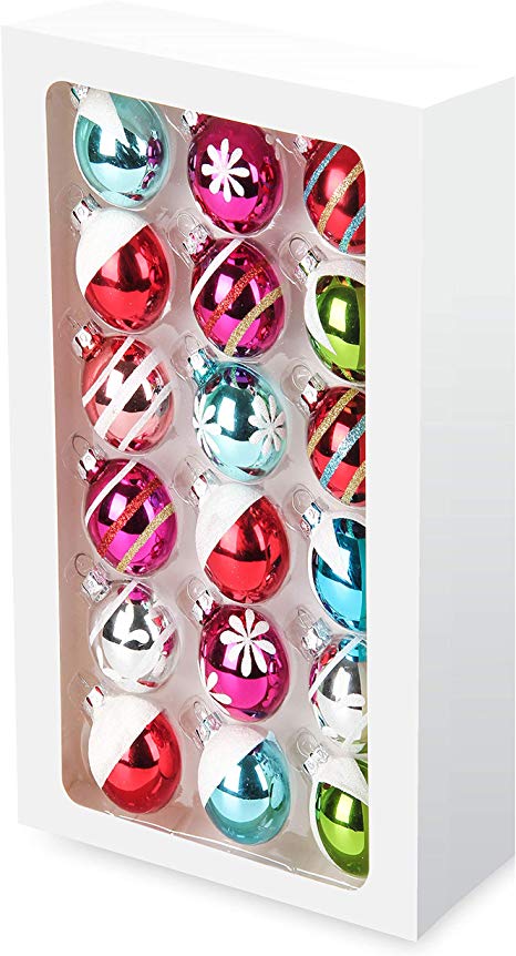 Costyleen Christmas Decoration Colorful Glass Balls Ornaments Set Festival Home Party Decors Xmas Tree Hanging Pendant Floral Printings 18pc Bright Rainbow Colors 1.8in