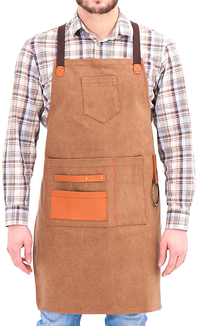 NEOVIVA Heavy Duty Work Apron for Men with Pockets and Adjustable Cross-Back Straps, Durable Canvas Tool Apron for Father with Towel Loop, Style Drew, Golden Rod
