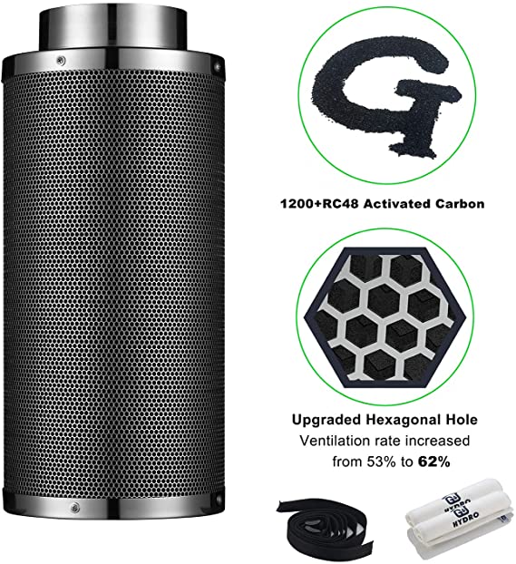G-HYDRO 4 Inch Air Carbon Filter Upgraded Hexagonal Hole with 1200  RC48 Activated Charcoal Prefilter Included Odor Control Scrubber for Grow Tent Indoor Plants Inline Fan Reversible Flange 255 CFM