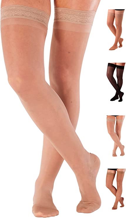 ABSOLUTE SUPPORT Made in USA - Compression Stockings for Women 15-20mmHg Swelling Circulation Maternity with Silicone Border - Compression Socks Thigh High for Women Varicose Veins - Nude, X-Large