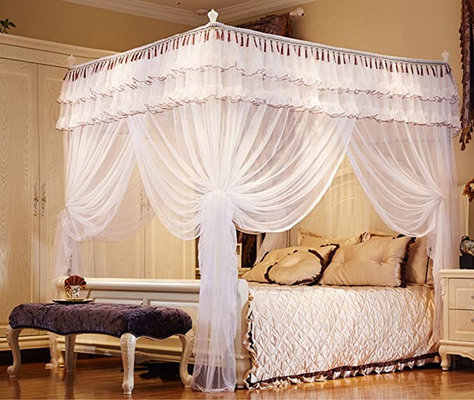 Nattey White 4 Corner Post Bed Curtain Canopy Mosquito Net Bed Frame Draperies (Queen) …