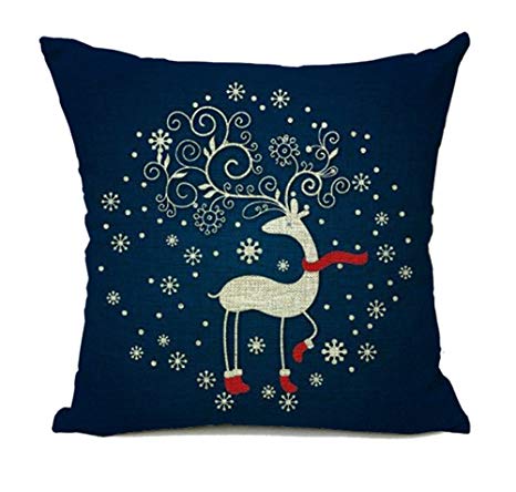 4TH Emotion Christmas Blue Deer Cotton Linen Square Throw Pillow Case Decorative Cushion Cover Pillowcase Cushion Case for Sofa (#31,hot)