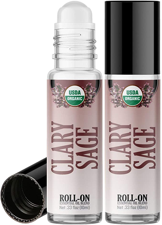 Organic Clary Sage Roll On Essential Oil RollerBall (2 PACK - USDA CERTIFIED ORGANIC) Pre-diluted with Glass Roller Ball for Aromatherapy, Kids, Children, Adults Topical Skin Application - 10ml Bottle