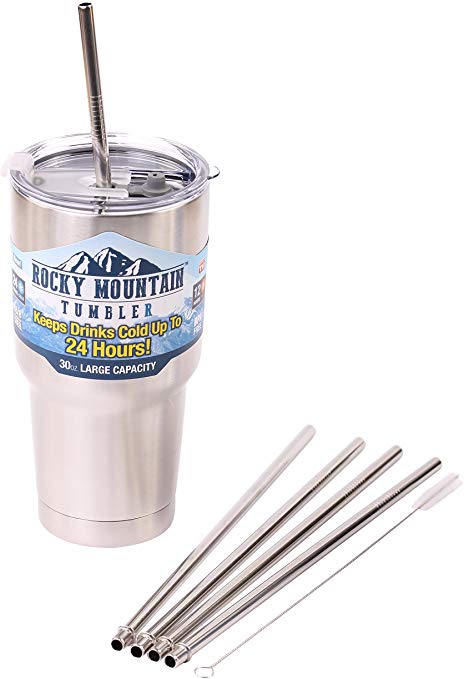 4 Bend Stainless Steel Straws for Rocky Mountain 30 Ounce Double-Wall Tumbler Vacuum Cup - CocoStraw Brand Drinking Straw TV (4 WIDE straws   Straw Lid)