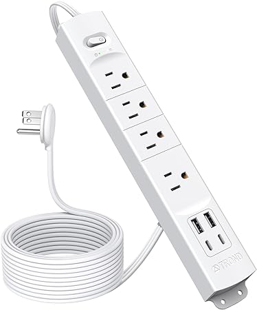 TROND 15ft Long Extension Cord with 2 USB C, ETL Listed, Ultra-Thin Flat Plug Power Bar Surge Protector, Slim Power Strip, 4 Outlets 4 USB Chargers, Wall Mount, Home Dorm Room Essentials for Christmas