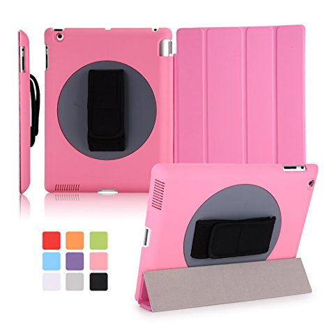 iPad 2 iPad 3 iPad 4 Case, Dowswin 360 Degree Swivel Case [Auto Wake/Sleep] Smart Cover and Hard bottom Shell with a Hand Grip Belt (Pink)