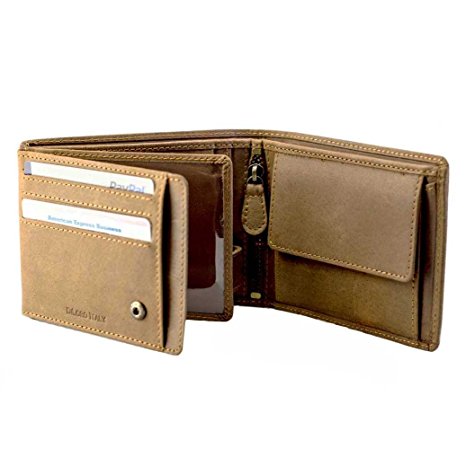 DiLoro Italy Men's Leather Bifold Flip ID Zip Coin Wallet RFID Protection Wallet