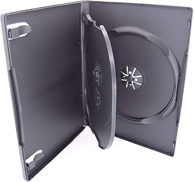10 Pack Maxtek Standard 14mm Black 3 Disc CD & DVD Cases with Hinged Flip Tray and Outer Clear Sleeve.