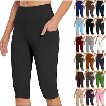 Women's Knee Length Leggings Yoga Capris High Waist Tummy Control Workout Running Athletic Gym Biker Shorts with Pockets