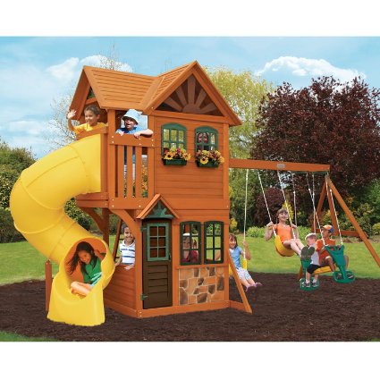 Cedar Summit Play Set Wooden House Deck Swings Rockwall Twist Slide Outdoor