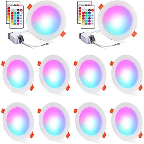 4 Inch LED Pot Lights 10W RGB Recessed Lighting Dimmable LED Ceiling Panel Lighting with Remote Control RGBW Color Changing Recessed Downlight for Stage Party Home Decor, AC85-265V (10 Pack)