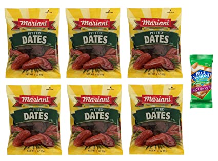Mariani Pitted Dates 3 oz Bag (Pack of 6) with Free Blue Diamond Almonds Pack (Dates)