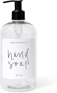 Sweet Water Decor Clear 16 oz Plastic Soap Bottle Dispenser | Hand-Lettered Hand Soap Label on Dispensers | Farmhouse Kitchen | Refillable Soap Bottles | Soap Pump