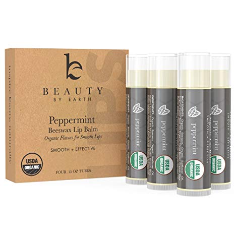 Organic Lip Balm Peppermint - 4 Pack of Natural Lip Balm, Lip Moisturizer, Lip Treatment for Dry Lips, Lip Care Gifts for Women or Men, Lip Repair, Organic Chapstick for Soft Lips, Stocking Stuffers