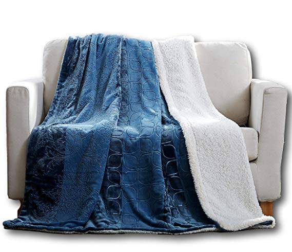 Tache Sherpa Blue Throw Blanket - Rainy Day - Elegant Embossed Solid Super Soft Warm Luxury Decorative Dusty Blue - Twin Size - 50x60 Inch