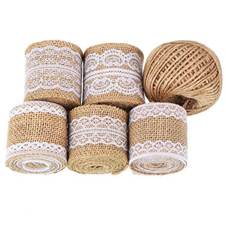 Whale 11 Yards/ 396 inches Natural Burlap Rolls with Lace and 130 Feet Jute Twine for DIY Handmade Wedding Crafts Lace Linen