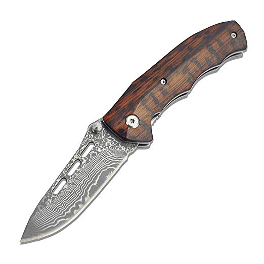 KUBEY KU093 Gentlemans Pocket Knife with 3in Damascus Steel Blade and Wood Handle Thumb Open Outdoor Camping Collectable Knives