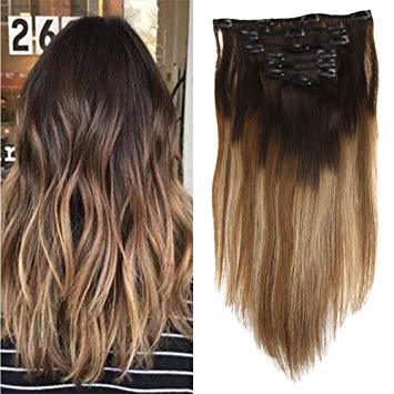 LaaVoo 20 Inch 120g Clip in Hair Extensions 100% Remy Human Hair Extensions Balayage Ombre Color Darkest Brown to Medium Brown and Ash Blonde 7pcs Full Head Clip on Real Human Hair Extensions