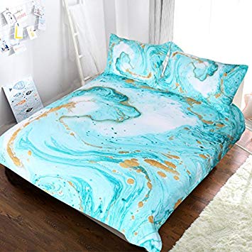 BlessLiving Chic Girly Marble Duvet Cover Mint Gold Glitter Turquoise Bedding Comforter Set Abstract Aqua Teel Blue Duvet Cover (Queen)