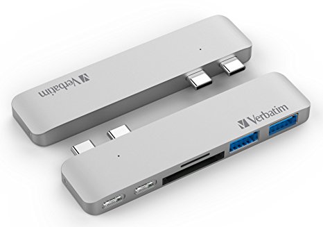 Verbatim Aluminum Thunderbolt 3 USB Type-C Hub Adapter Dongle for 2016 MacBook Pro 13” & 15”. 1 Year Limited Warranty. Most Compact, Fastest 50Gbs TB3 USB-C Hub. TB3, USB-C, microSD/SD, 2 x USB 3.1