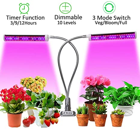 JCBritw Clip On Plant Light Adjustable Gooseneck LED Grow Light Dimmable with Timer Full Spectrum Veg Bloom with UV IR Dual Head Desk Stand 75W Growing Lamps for Indoor Plants