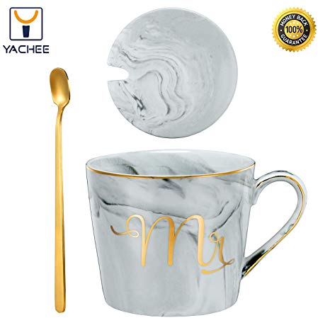 Yachee Mr Mrs Coffee Mugs Set, Ceramic Marble 15oz Coffee Cup with Lids and Spoon in Gift Box, Unique Gifts for Engagement Wedding Bridal Shower and Married Couples His & Hers Anniversary Housewarming