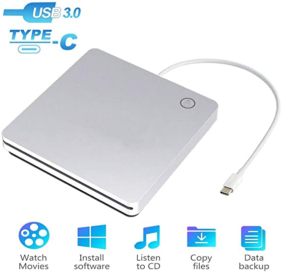 Ploveyy USB-C Superdrive External DVD/CD Reader and DVD/CD Burner for MacBook Air/Pro/iMac/Mini/MacBook Pro/ASUS/DELL Latitude with USB-C Port Plug and Play - Silver, Premium Series