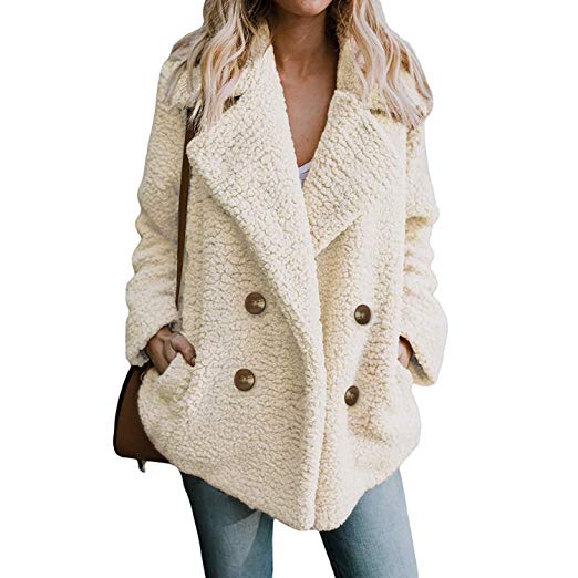 Rvxigzvi Womens Lapel Open Front Coat Faux Shearling Spring Fall Jacket with Pockets