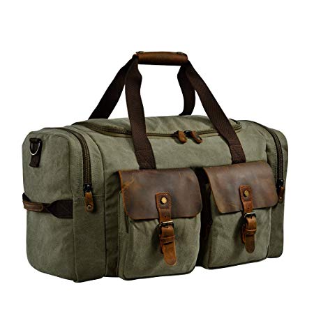 Kopack Travel Duffel Bag W Shoe Pocket Genuine Leather Mens Weekender Bag Canvas Khaki/Grey/Army Green 22"x14"x10"