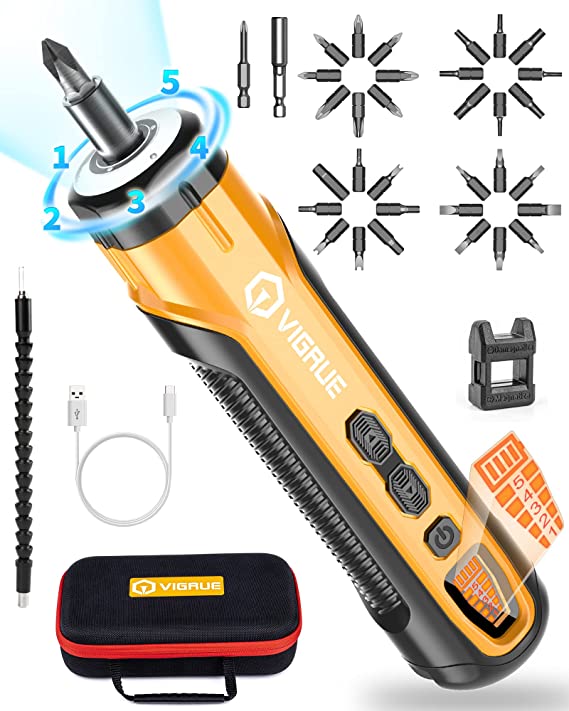 VIGRUE Electric Screwdriver with Display, 2200mAh Type-C Rechargeable Cordless Screwdriver, 5 Torque Adjustment, Power Screwdriver for Small Projects