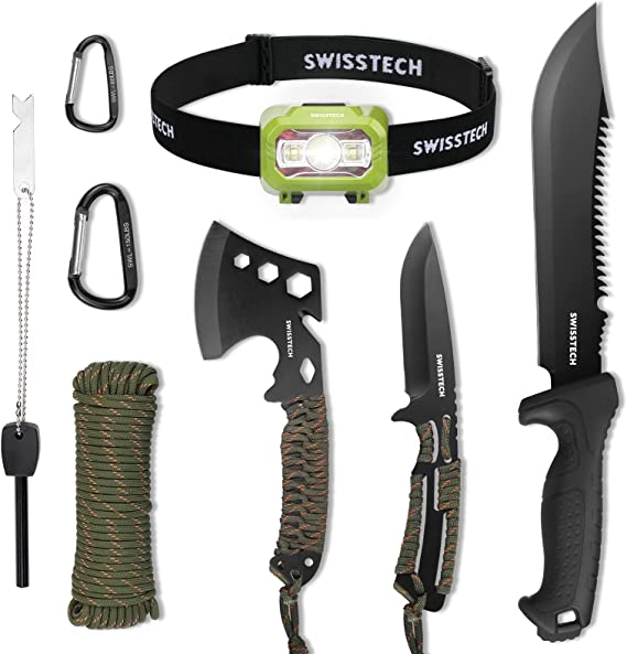 Swiss Tech Hatchet and Machete with Sheath, One-piece Camping Axe and Fixed Blade Hunting Knives with Rope Handle, 8 Pieces Camping Tool Set Includes LED Headlamp, Paracord, Flint Stick, Carabiners