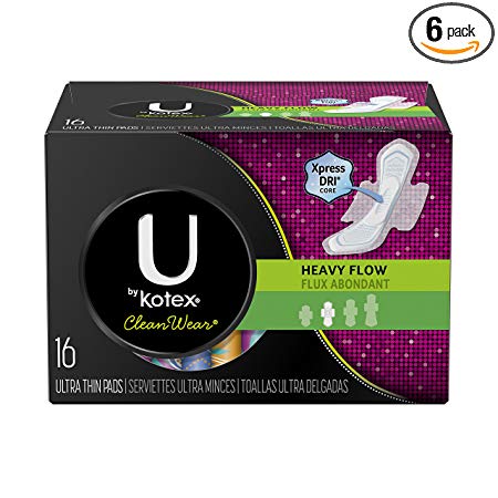 U by Kotex CleanWear Ultra Thin Heavy Flow Pads with Wings, Unscented, 16 Count (Pack of 6)