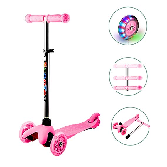 OppsDecor 3 Wheel Scooter for Kids, Mini Kick Scooters Push Scooter Adjustable Height with Light Up Wheels, Gifts for Toddler Children Boys Girls Max Load 110lbs (US Stock)